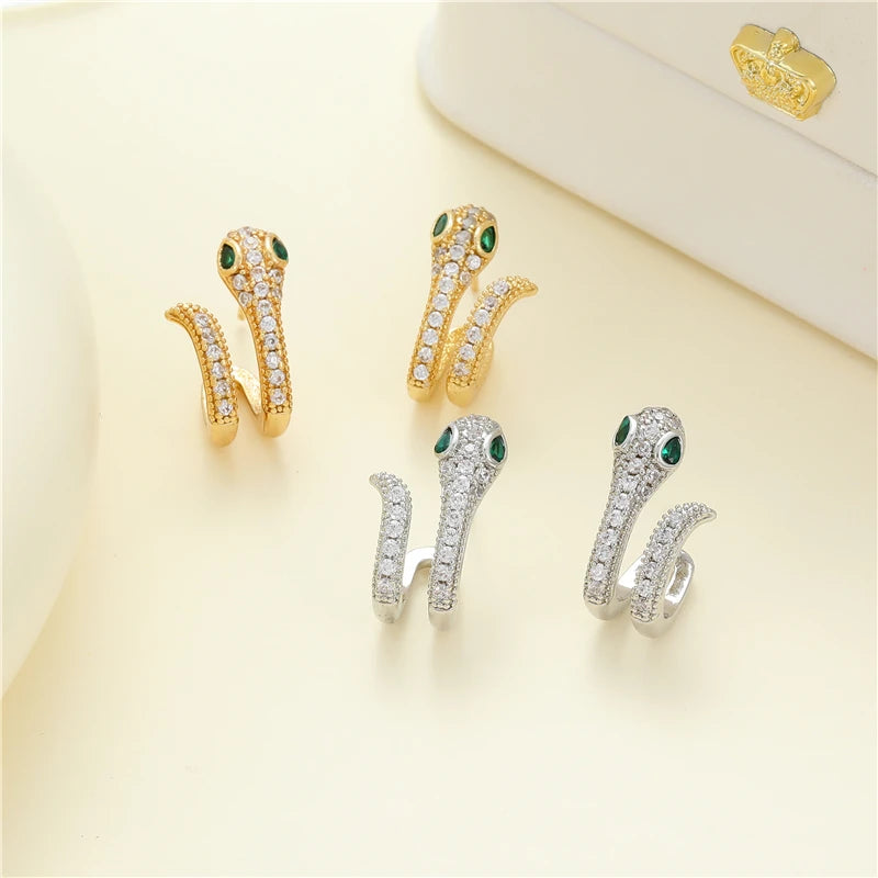 Jiexing Jewelry Trendy Snake Earring Gold Plated Full CZ Shape Daily Design Stud Earrings Silver Needle for Women Girls