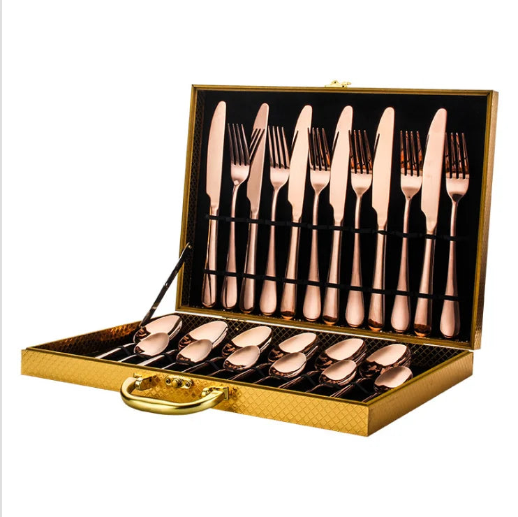 Mirror Polishing Stainless Steel Flatware Set 24 Pcs Cutlery Set with Wooden Case MegaBDM