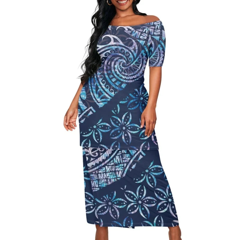Hot Sale Plus Size Shoulder Puletasi Two Pieces Set Custom Navy Blue Gradient Polynesian Printed Top Skirts Elegant Eco-Friendly