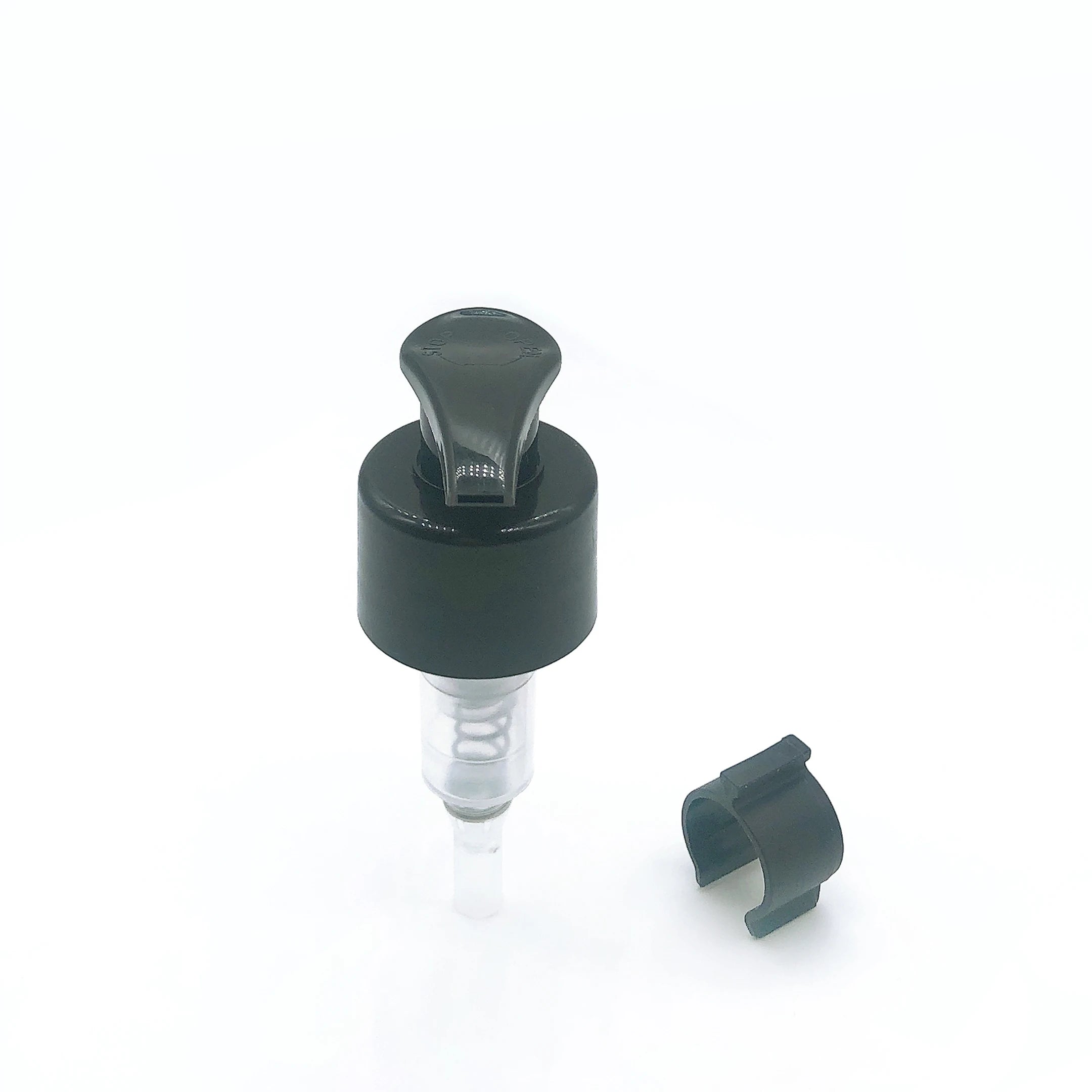 Wholesale 28/410 Aluminium-Plastic Non-Spill Black Smooth Lotion Pump Left-Right Lock with Clip for Cosmetic Bottle Stopper