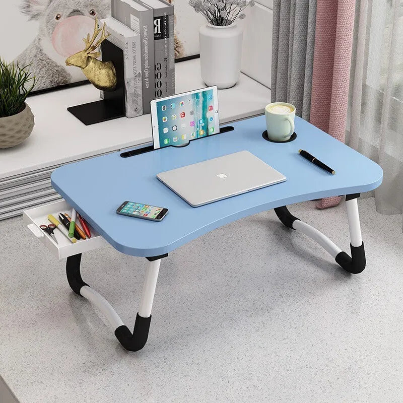 Hot Selling Wooden Lazy Collapsible Computer Desk Metal Leg Office Foldable Laptop Table for Bed with Bottle Holder