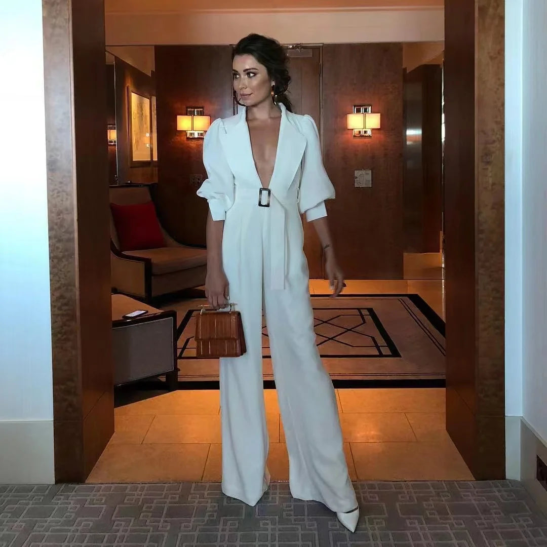 Women's White Deep V-Neck Half-Sleeve Bodysuit Casual Party Jumpsuit High Waist Solid Fitness Club Style