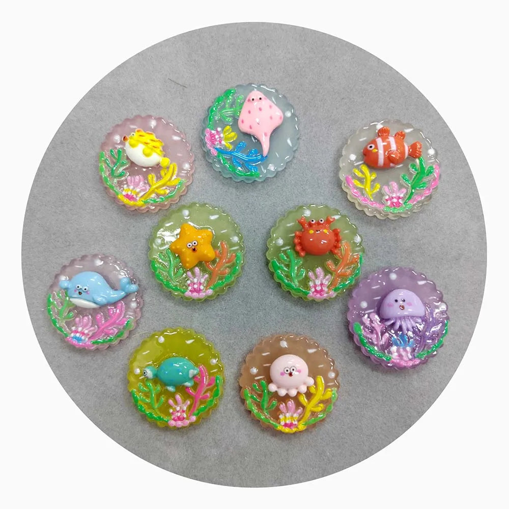 Luminous Charms Underwater World Animal Round Flatback Resin Cabochons Glow in Dark Sea Themed Embellishment Marine Animals