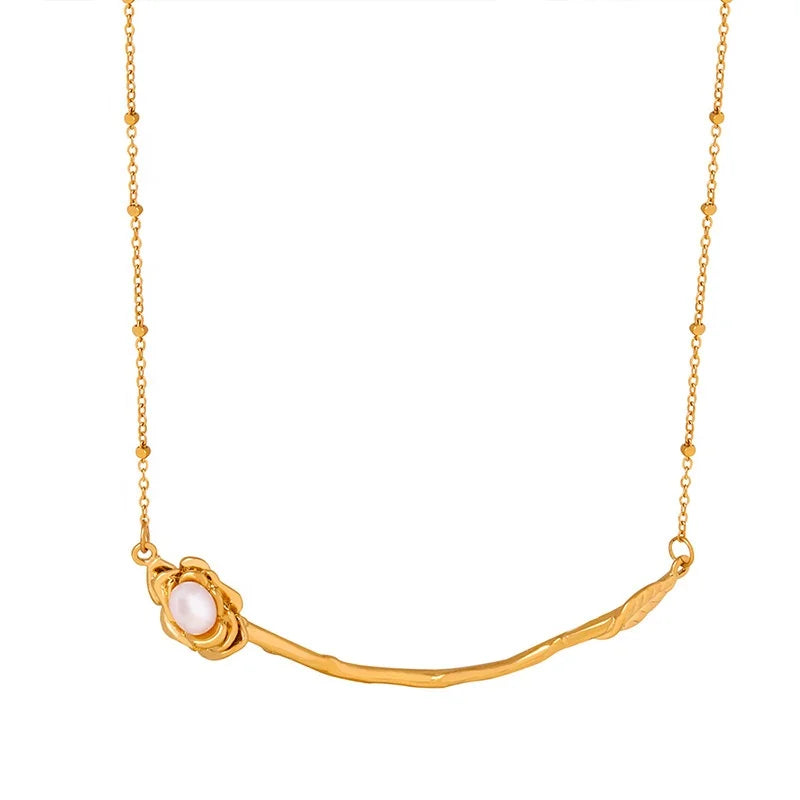 New Arrivals Women Fashion Antique Jewelry 18k Gold Plated Stainless Steel Beaded Chain Flower Leaf Shape Pendant Necklace
