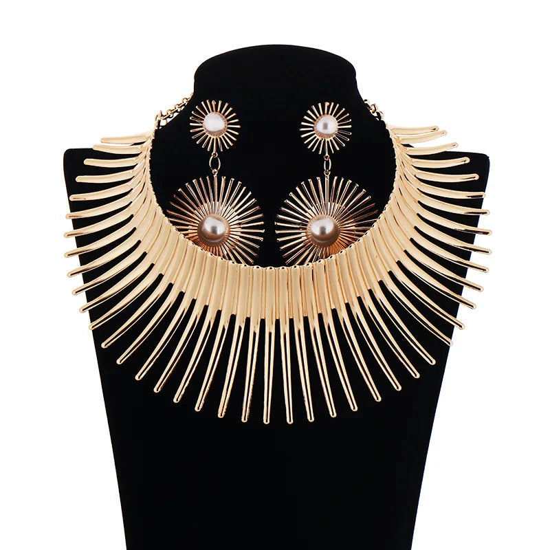 Top Selling Indian Style Punk Bending Choker Necklace With Sunflower Pearl Drop Earrings Sets Exaggerated African Jewelry Sets