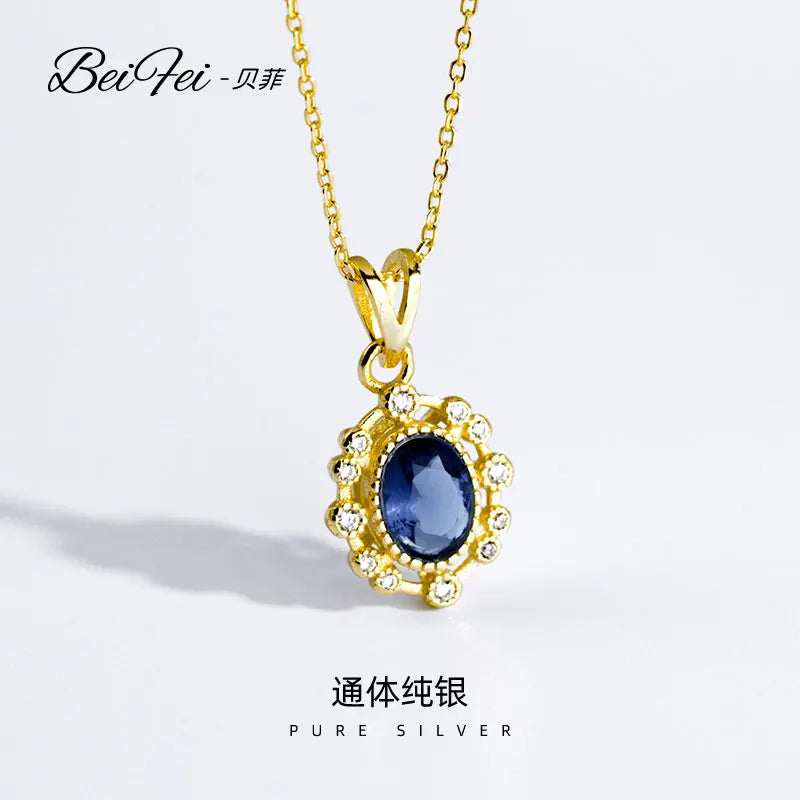 Luxury Custom Blue Synthetic Gemstone 925 Sterling Silver Zircon V Shape Pendant Women Fine Jewelry Necklaces