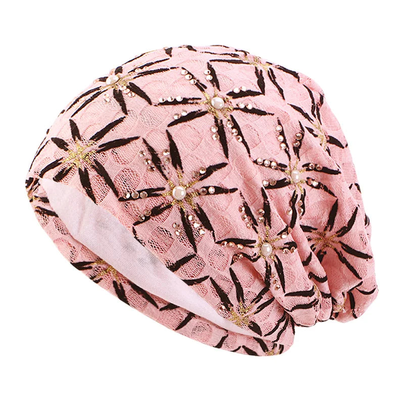 Wholesale Custom Logo Hair Accessories Men Softy Pattern Print Cool Double Layered Cap Winter Beanie Lace Hats for Women