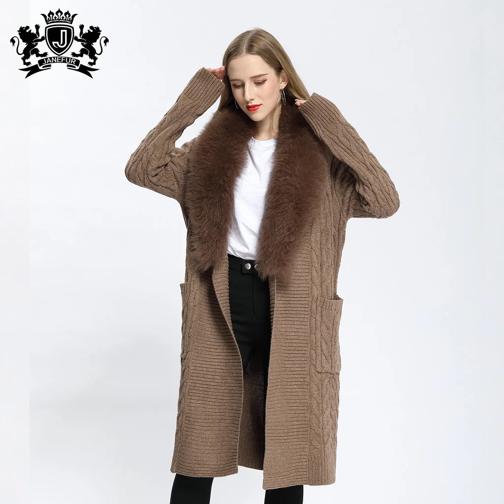 Fashion Women Long fox Fur Coat Ladies Real fox Fur Garment Puff Sleeve Sweater Fur Cardigan Women