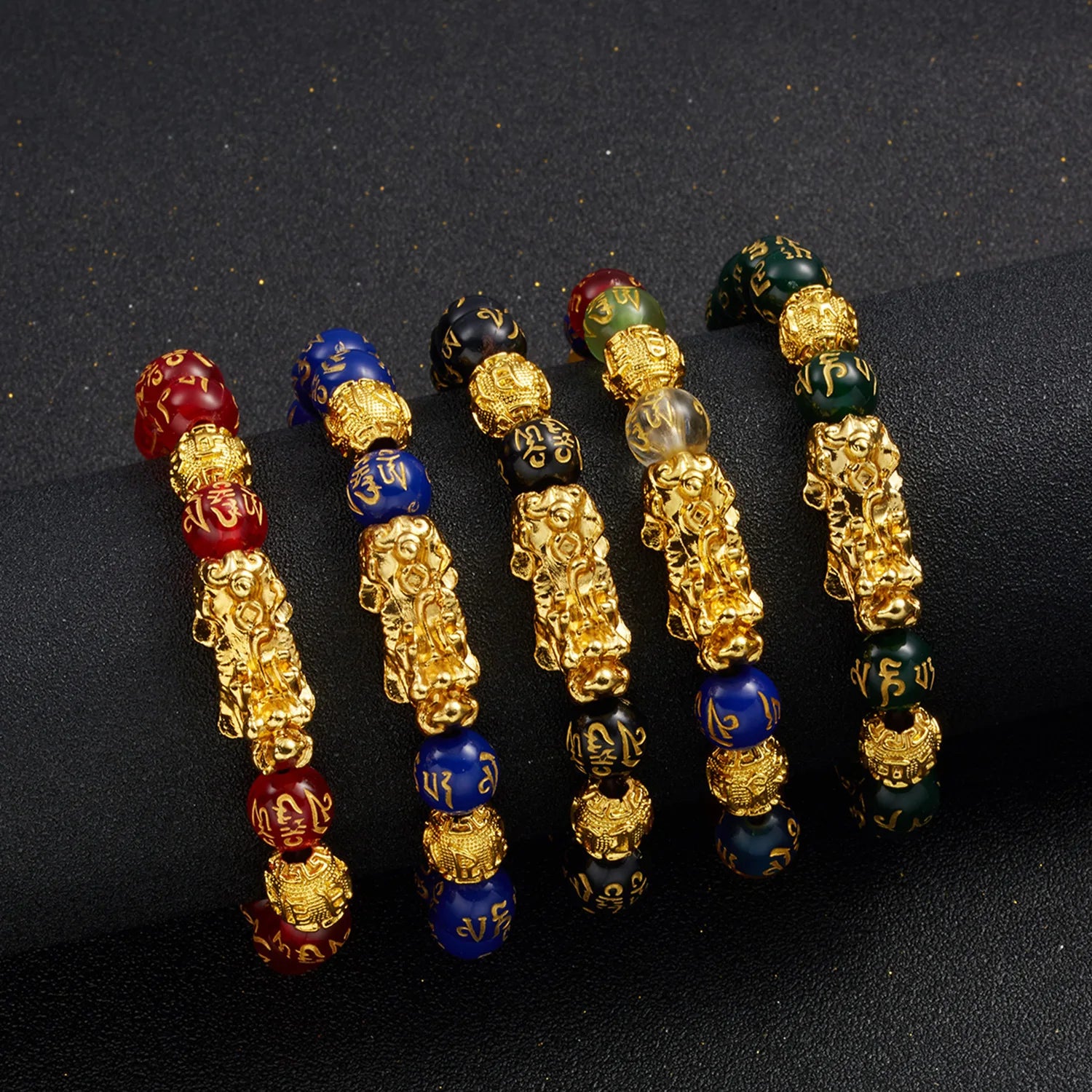 SC Popular Vintage Colorful Acrylic Beaded Bracelet Retro Chinese Six Words Bracelet Statement Pixiu Bracelet for Men Women