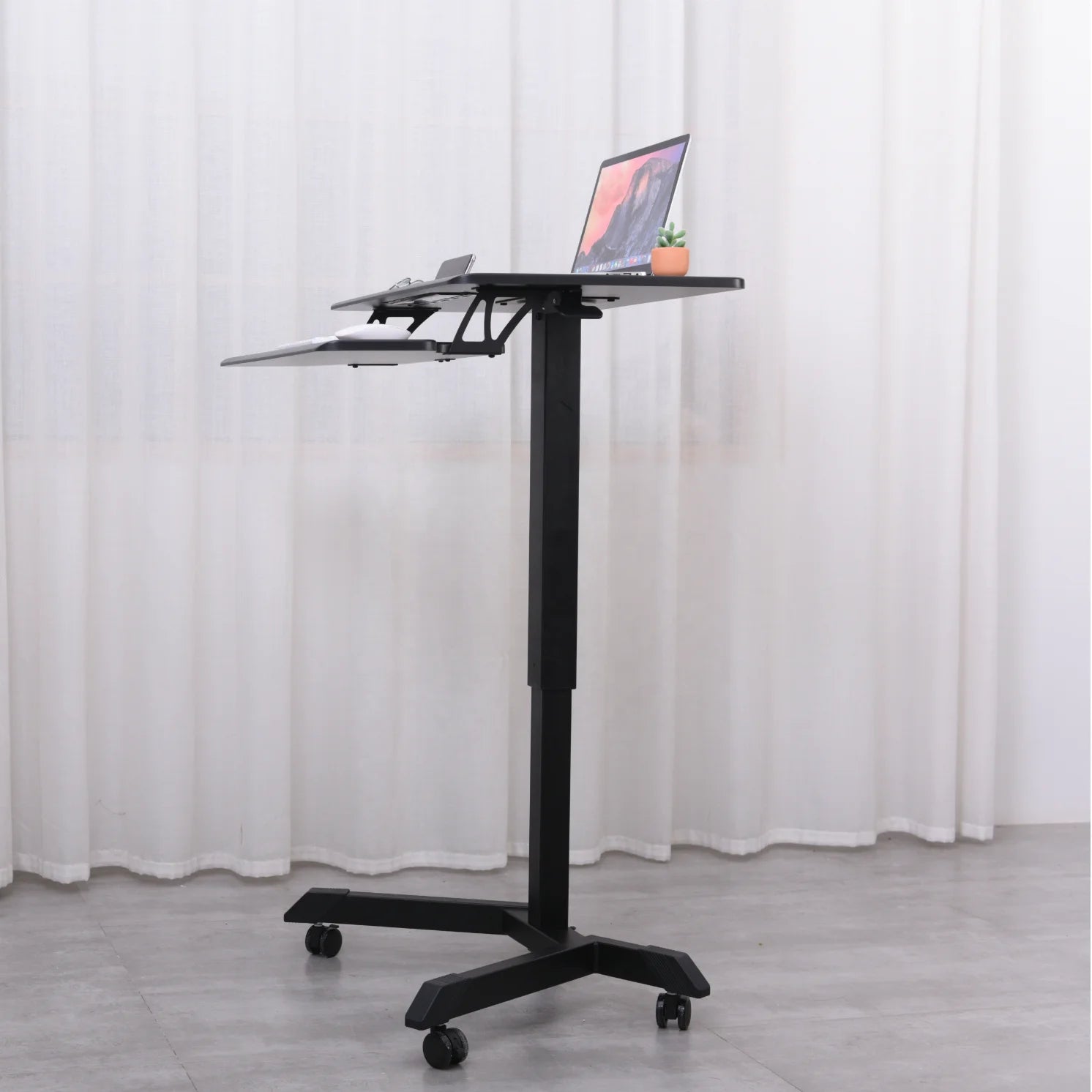 Office Single Column Pneumatic Height Adjustable Sit Standing Workstarion Mobile Computer Cart Desk  with Wheels Keyboard Tray