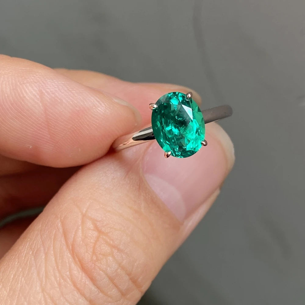 Custom Green Lab Oval Cut Emerald Ring 7x9mm Gem 925 Sterling Silver Gemstone Rings