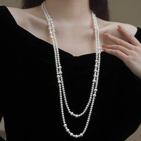 Double Layer Long Round Pearl Chain Natural Pearl Necklace Freshwater Pearl Sweater Chain