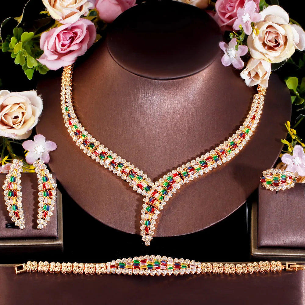 Dainty Heavy Work Gold Plated Colorful Cubic Zirconia Luxury 4pcs Brides Evening Dress Jewelry Set for African Indian Wedding