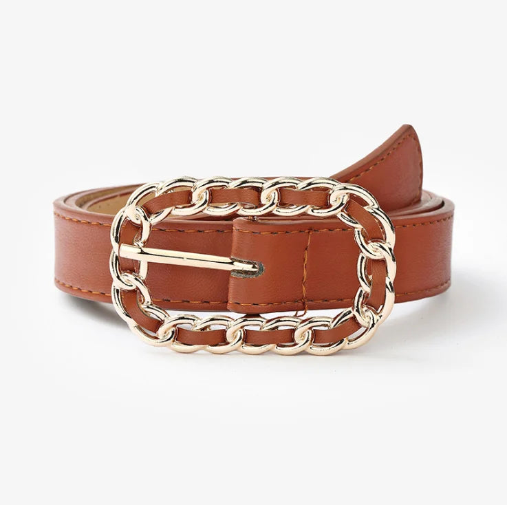 Modern Solid Color Trendy Simple Design Rectangle Pin Buckle Fashion Accessory Gold Chain Buckle PU Leather Belt for Women
