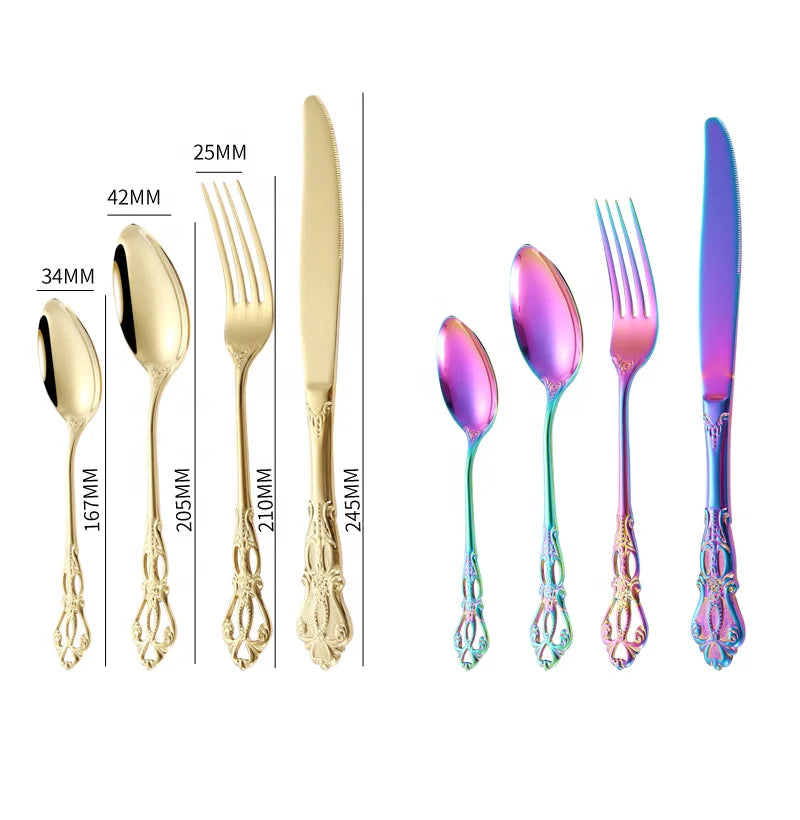 Royal Luxury Stainless Steel Flatware Set Silverware Spoon and Fork for Tea with Gold Accents for Household Use