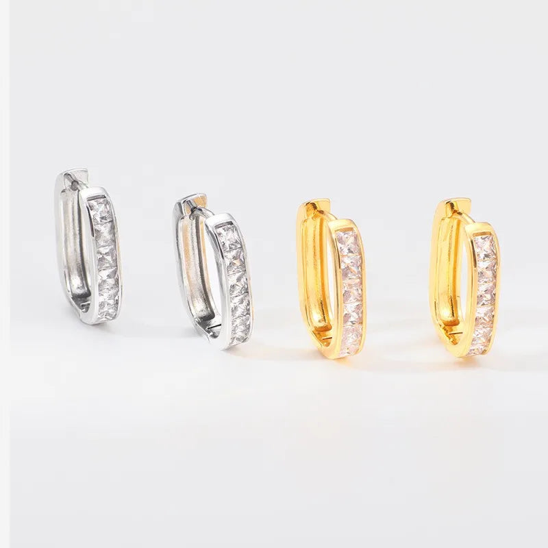 Elegant Women's U-Shape Micro Full Zircon Niche Earrings Versatile Square Hoop with Diamonds Inlaid Trendy Gift Idea