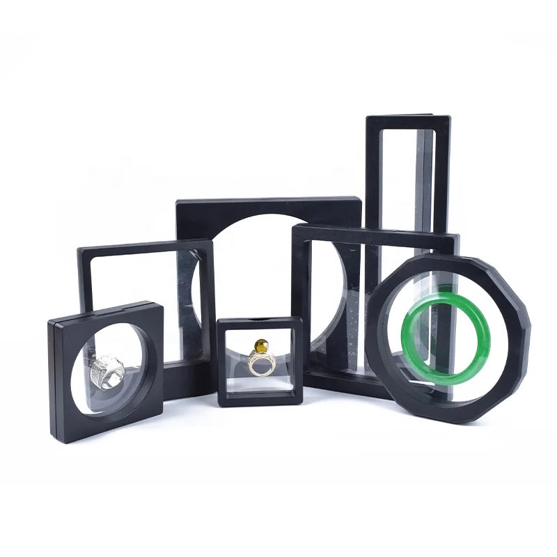 Custom Logo Clear PE Film Acrylic 3D Floating Frame Travel Jewelry Coin Display Holder Stand Case Box Packaging Boite a Bijoux