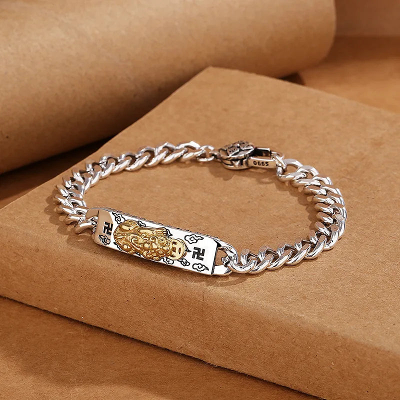 Cross Border Hip Hop PIXIU Bracelet Silver Plated Retro Sanskrit Om Mani Padme Hum Pixiu Lucky Bracelet Men Women