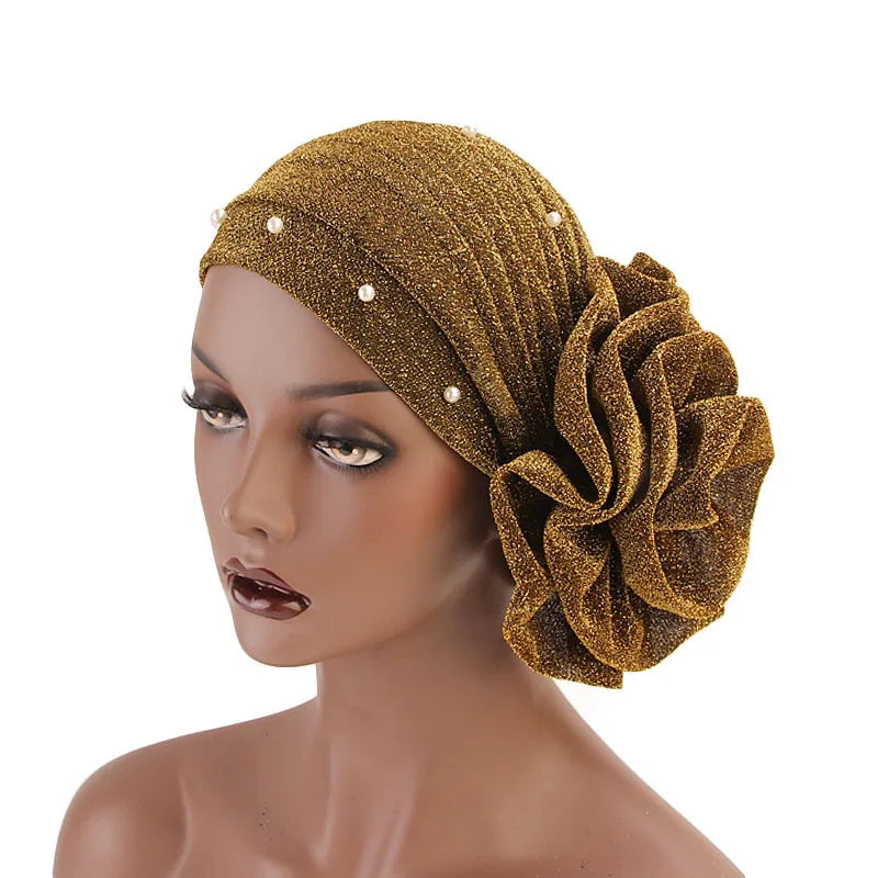 HZO-18097 Luxury Stretchable Pearl Ruffle Glitter Turbans Flower Chemo Beanie Headwear Hat Caps Hair Loss Turban for Women