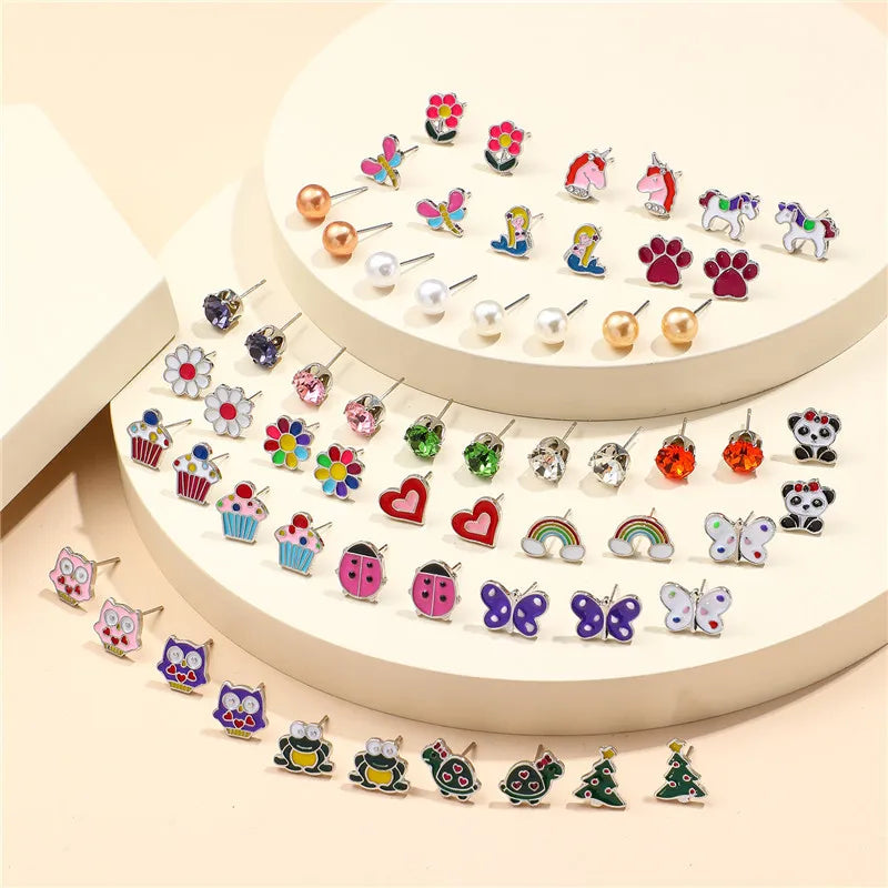 Lovely Kids Girls Enamel Mini Mermaid Butterfly Frog Animal Daisy Stud Earrings Sets