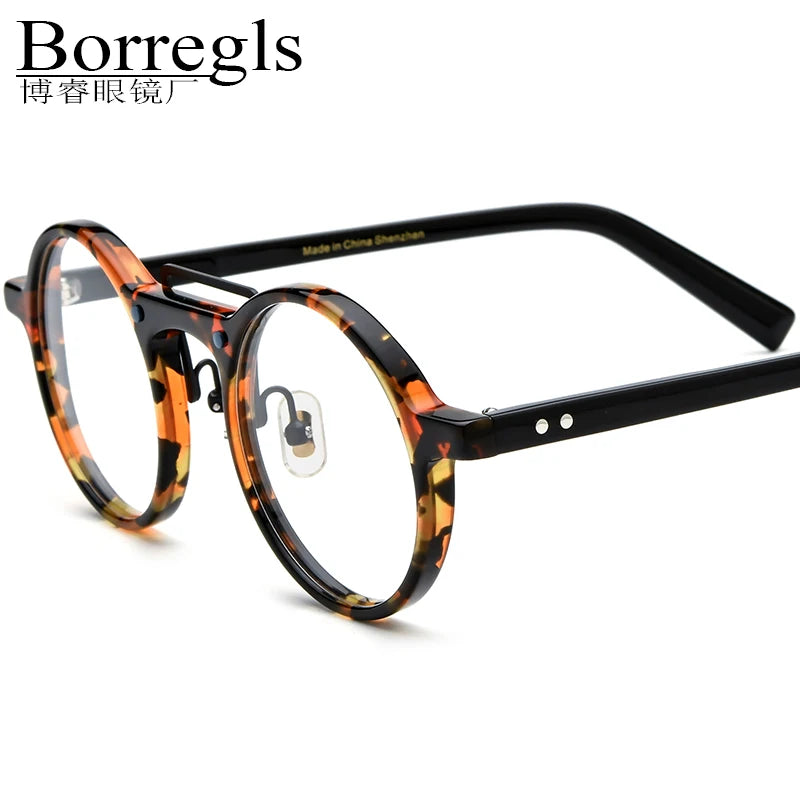 Borregls Acetate Glasses Frame Women Vintage Retro Round Eyeglasses High-Quality Designer Eyewear Men Optical Spectacle 19194