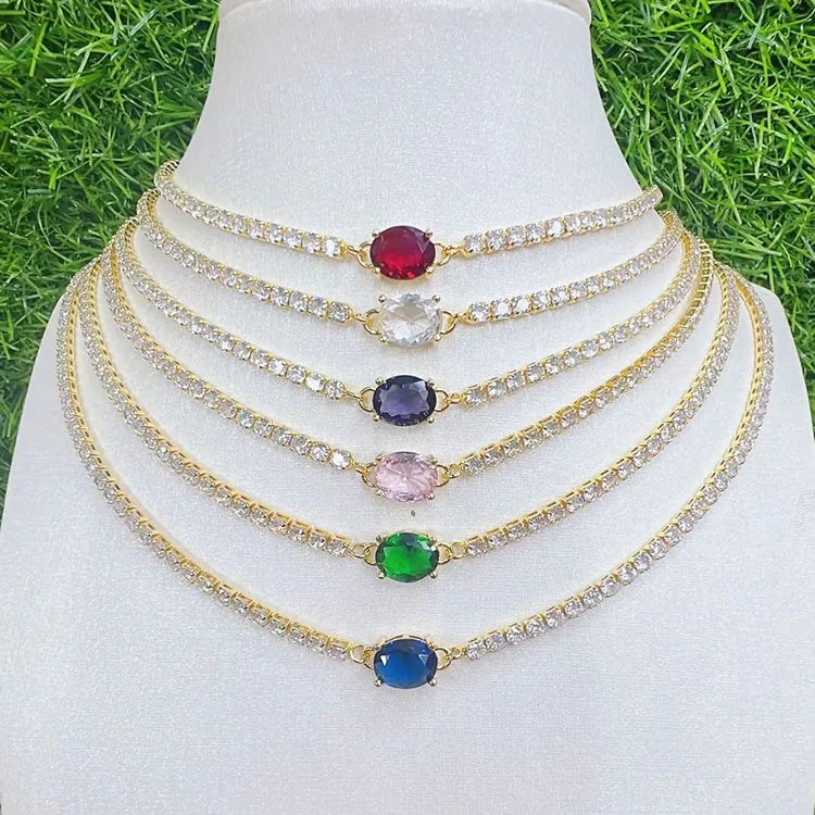 NZ1365 New Creative 18k Gold Plated Chic Multicolored Cubic Zirconia CZ Oval Teardrop Charm Pendant Tennis Chain Choker Necklace