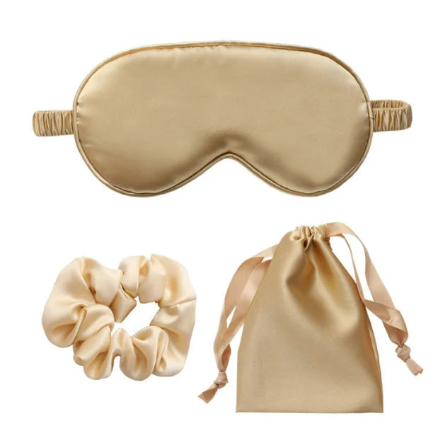 3 Piece Satin Air Travel Eye Mask Set with Drawstring Bag and Hair Scrunchie Hairband
