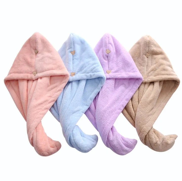Two Bear Buttons Hair Wrap Towels Double Layer Microfiber Hair Drying Towel