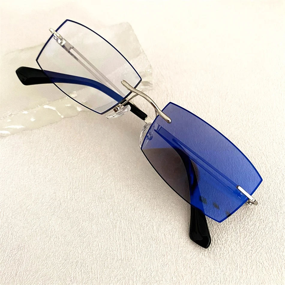 Fashion Women Unisex Uv400 Rimless Alloy Silver Gold Rectangle Photogray Anti Reflet Blue Light Photochromic Glasses for Women