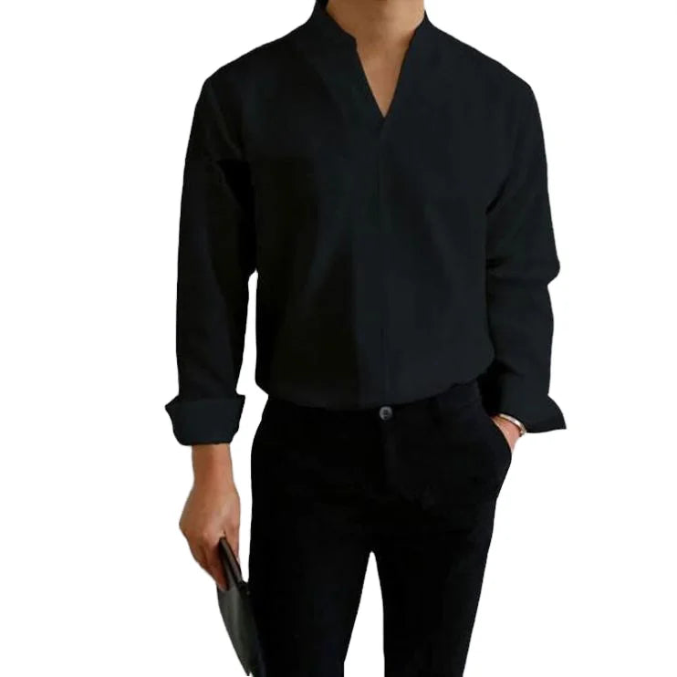 Men Autumn Single Breasted Long Sleeve Casual Elegant Work Business Solid Stand Collar Cotton Blend Broadcloth Breathable Shirts