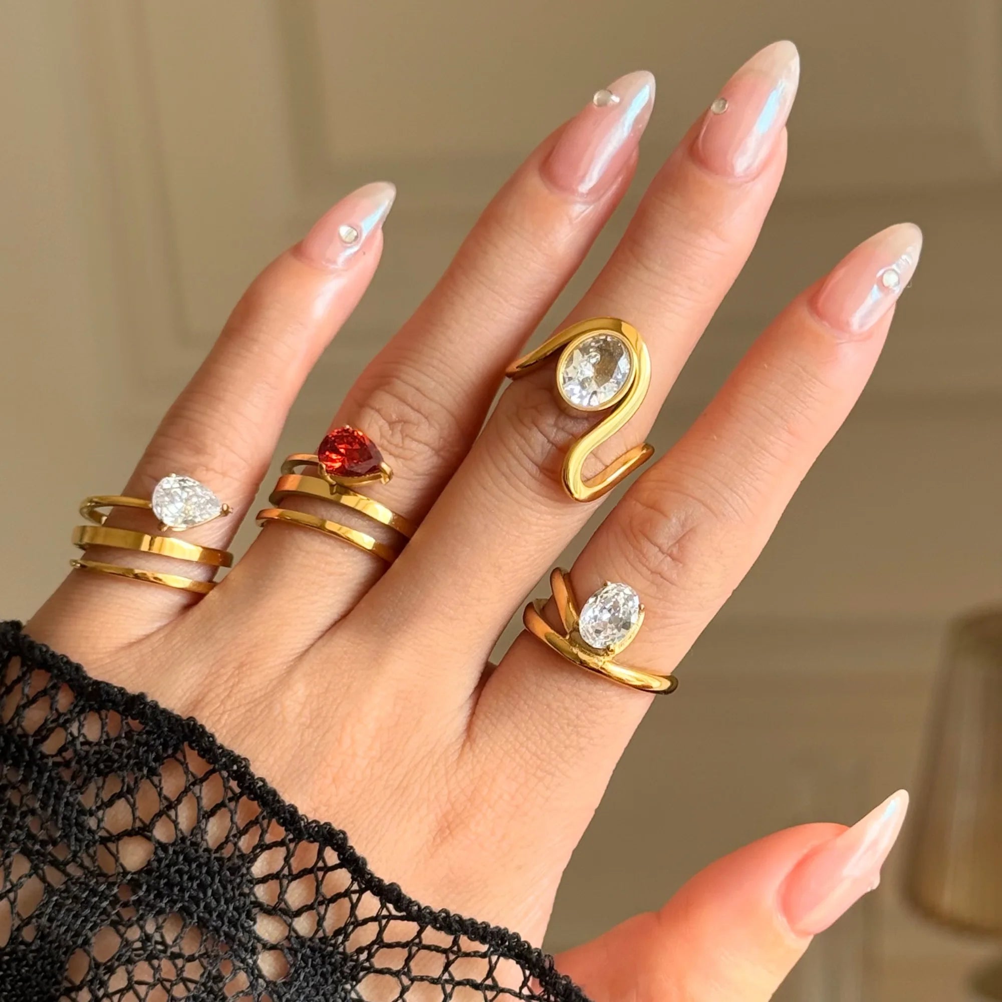 NEW BOHO FRENCH ROMANTIC SNAKE LINE RED ZIRCON RING Dazan HOT 18k PVD Gold Plated Stainless Steel SPRING RUNWAY JEWELRY Set