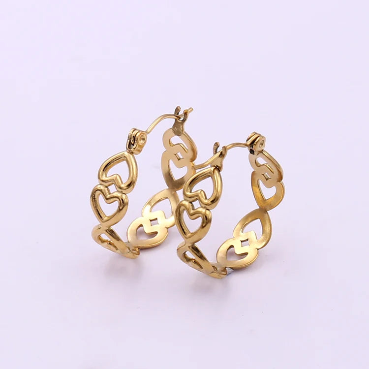 Women's Jewelry Hollow Heart Hoop Earrings Gold Plated Stainless Steel Korean Trendy Customized Logo Accept 12 Pairs CN;GUA