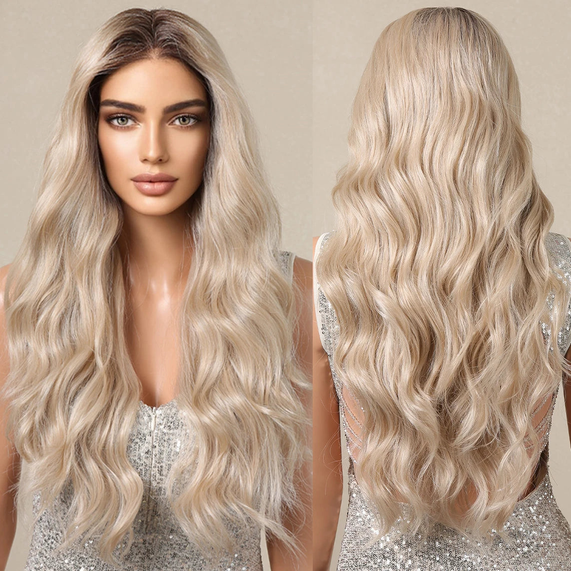 Japan Fiber 13*4 Lace Frontal Blonde Synthetic Wig Long Ombre Blonde Wave Lace Wig for Women Natural Hairline Wig