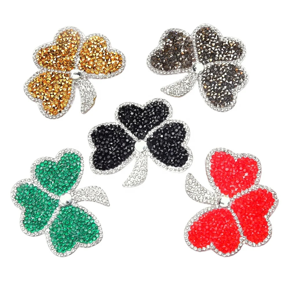5.5cm Green Red Gold Black Four Leaves Rhinestone Motif Hot Fix Strass Clover Applique Clothing Shoes Bags Iron on Patches