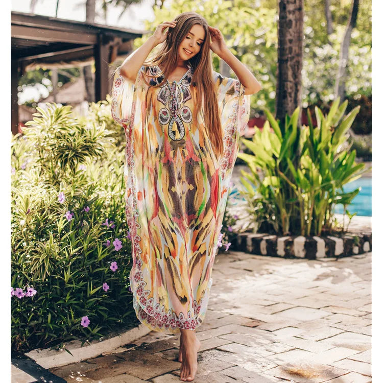 Chiffon Dresses Yellow Print Beachwear Sunscreen Shirt Vacation Dresses Beach Bikini Cover Ups