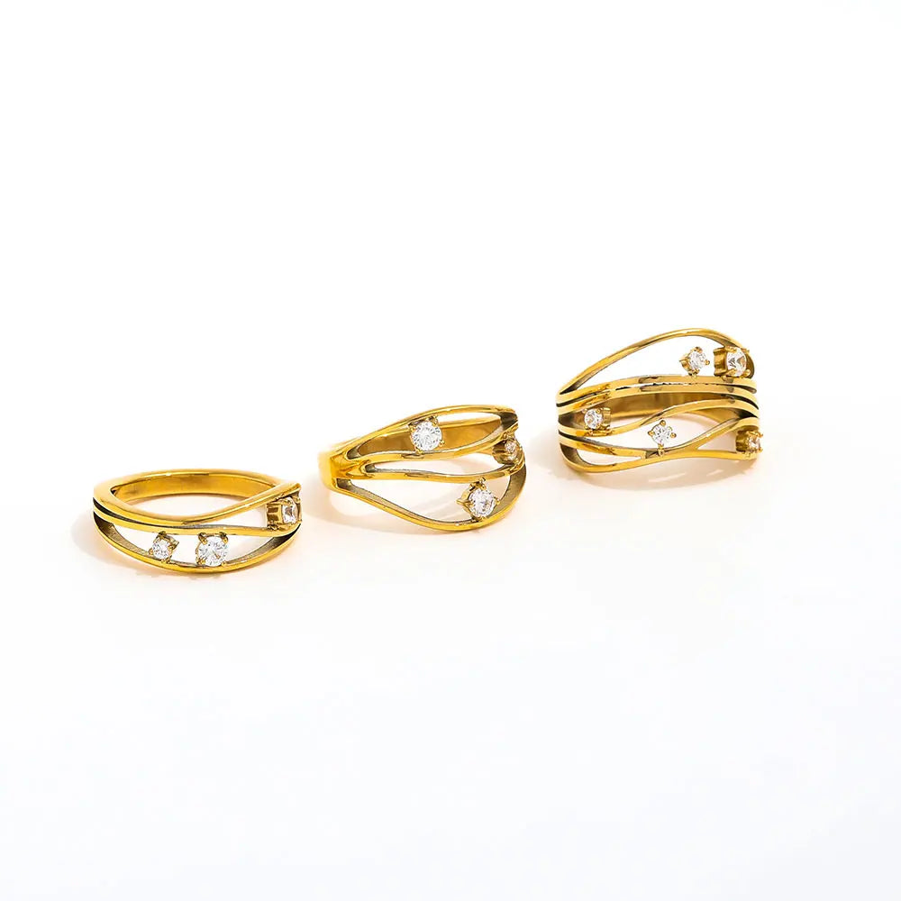 Joolim High End 18K Gold Plated Multi-layer Dainty Zirconia Hollow Waved Stainless Steel Ring for Women MegaBDM