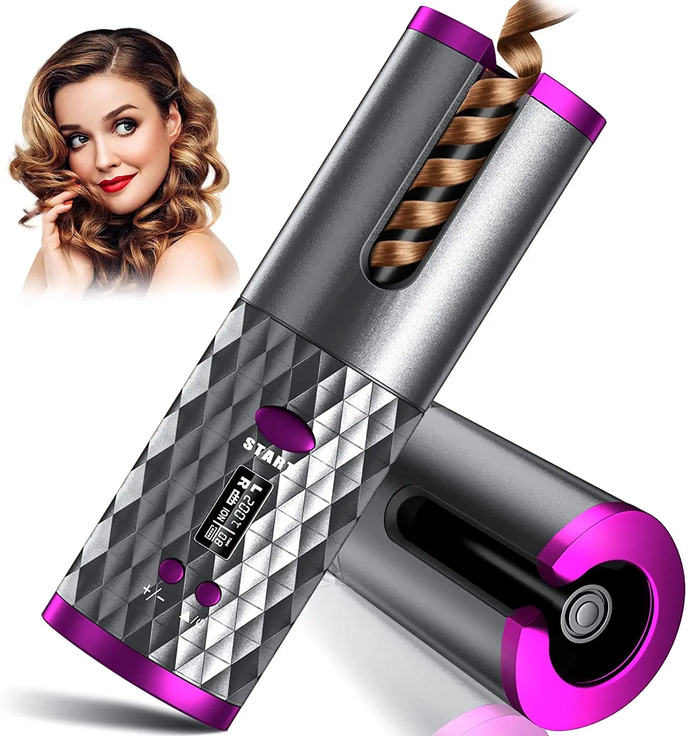 Portable Auto Wireless USB Ceramic Hair Curler Mini Cordless Rechargeable LCD Temperature PTC Rotating Automatic Curling Iron