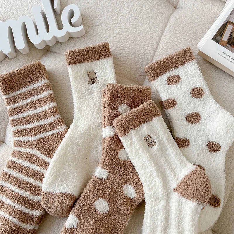 Winter Embroidered Little Bear Cute Coral Plush Stripes Simple Sleep Socks Thickened Warm Floor Socks Female
