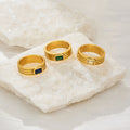 Dazan New Hot Ins Trendy 18k Pvd Gold Plated Stainless Steel Fashion Polished Stripe Chunky Green Zircon Ring Women Men Jewelry