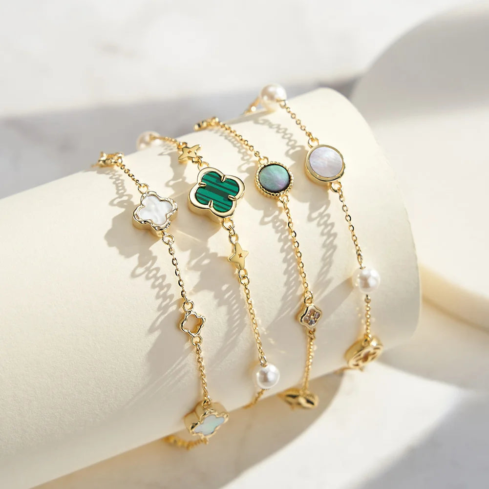 RINNTIN GMB Custom Lucky Bracelet 14k Gold Plated Luxury Jewelry Four Leaf Clover Bracelet S925 Silver Pearl Bracelet Set