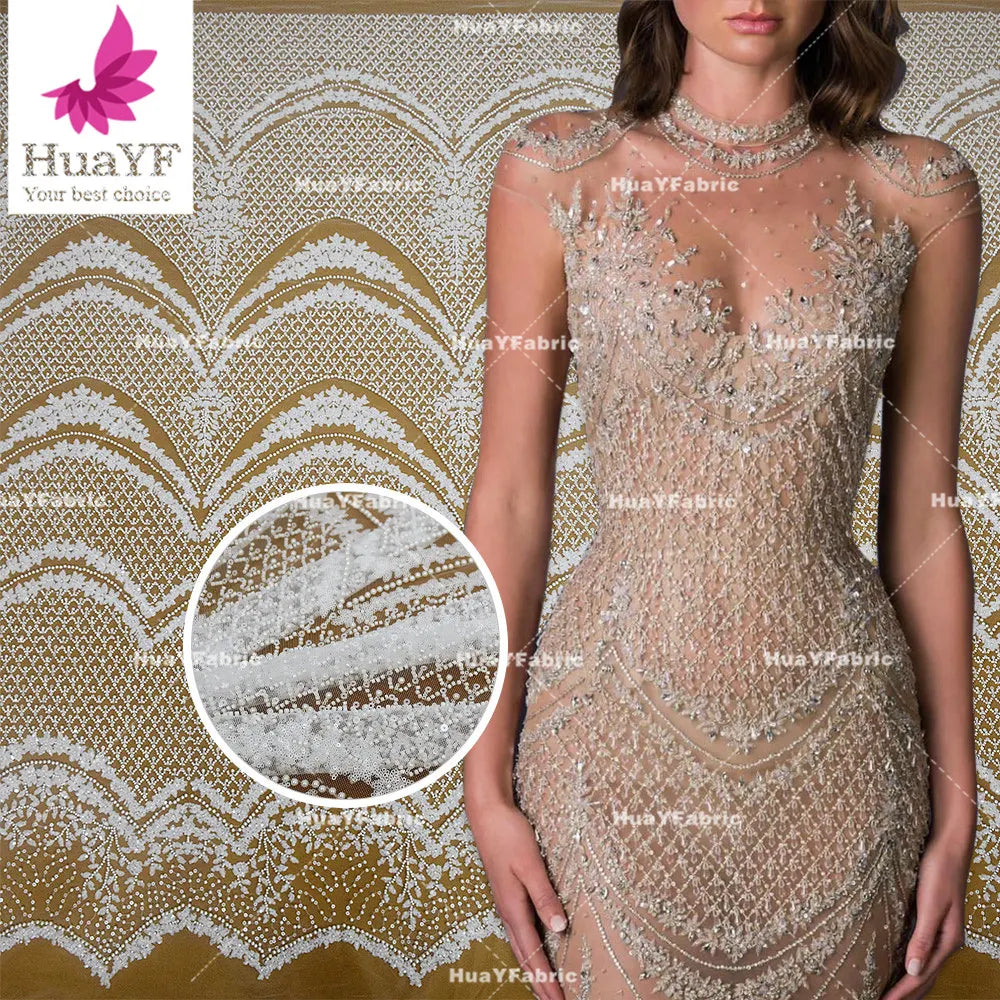 HY2721 White Wedding 3d Pearl Beaded Lace With Sequins Bridal Dress African Fabric Wholesale China