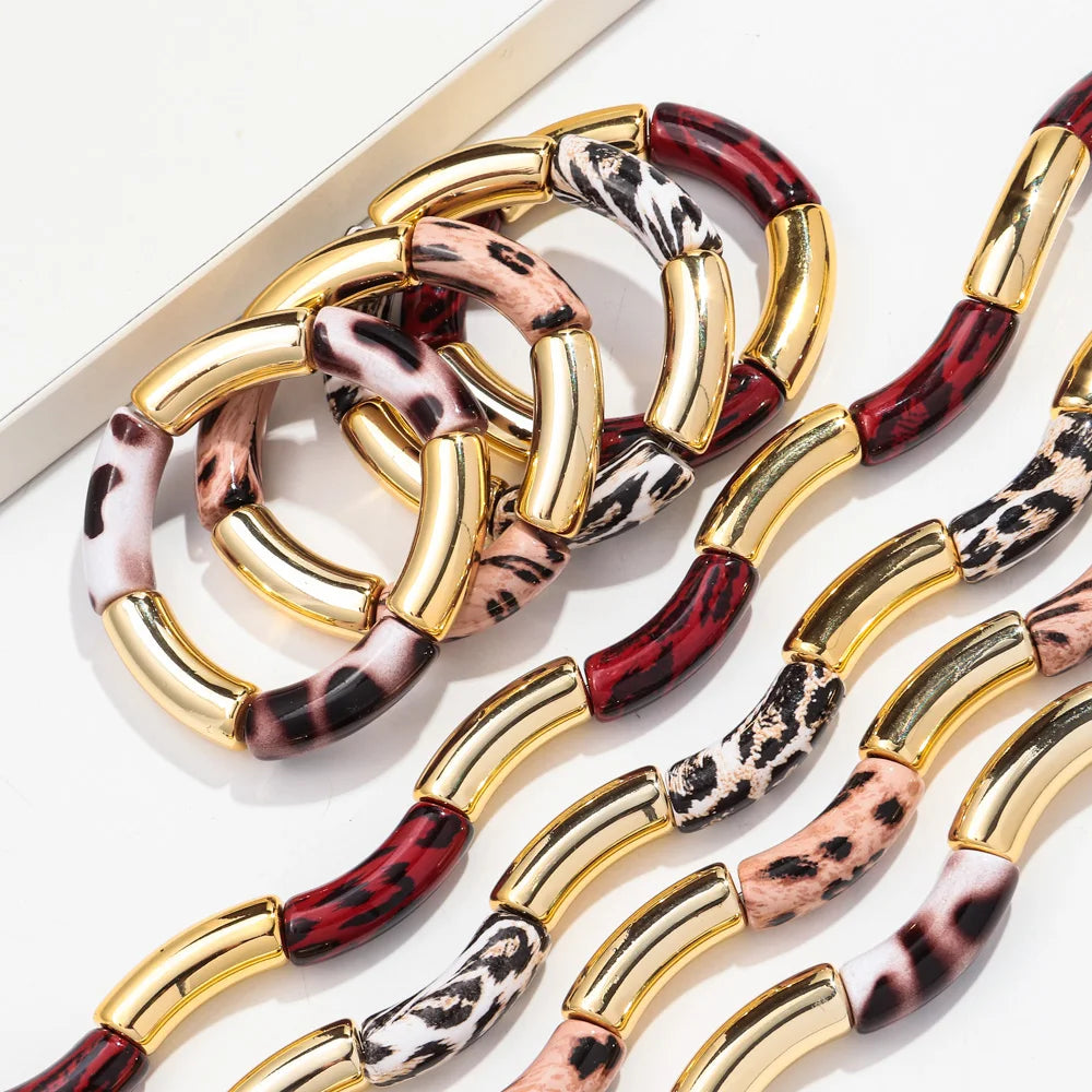 French 2024 Jewelry Hot Selling Leopard Print Collar Elegant Tube Beads Bracelet Custom Jewelry Set Acrylic Necklace for Women