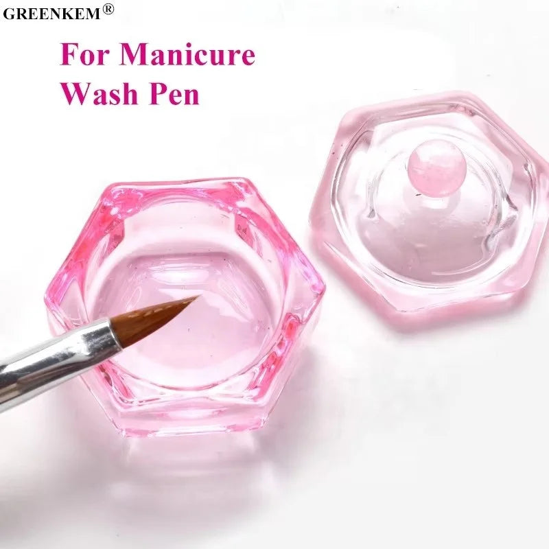 GREENKEM Acrylic Powder Liquid Bowl  Pink Wash Pen Cup Holder Equipment Crown Crystal Glass Nail Cup