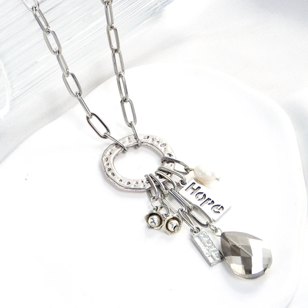 New Fashion Simple Chain Women's Necklace Paper Clip Chain Bamboo Circle Chain Tassel Pearl Pendant Short Necklace