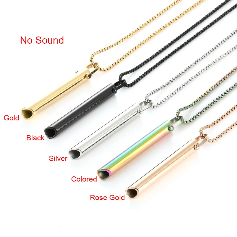 2023 Stainless Steel Breathwork Tool Calming Relief Meditation Stress Anxiety Relief Mindful Breathing Whistle Necklace