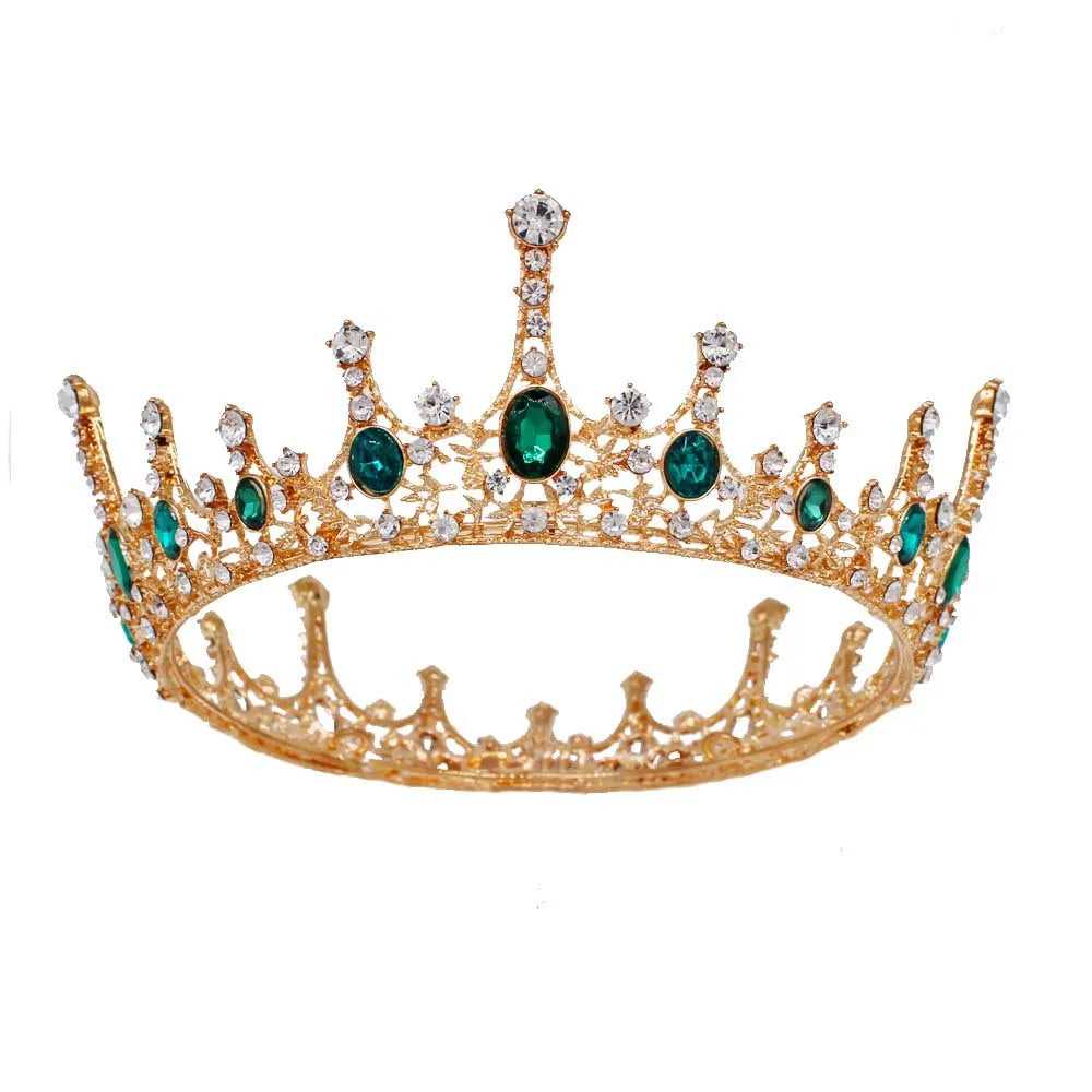 AA01257 Vintage Baroque Green Crystal Round Queen Crown Wedding Tiara Bridal Headband Headpiece Dress Party Hair Accessories
