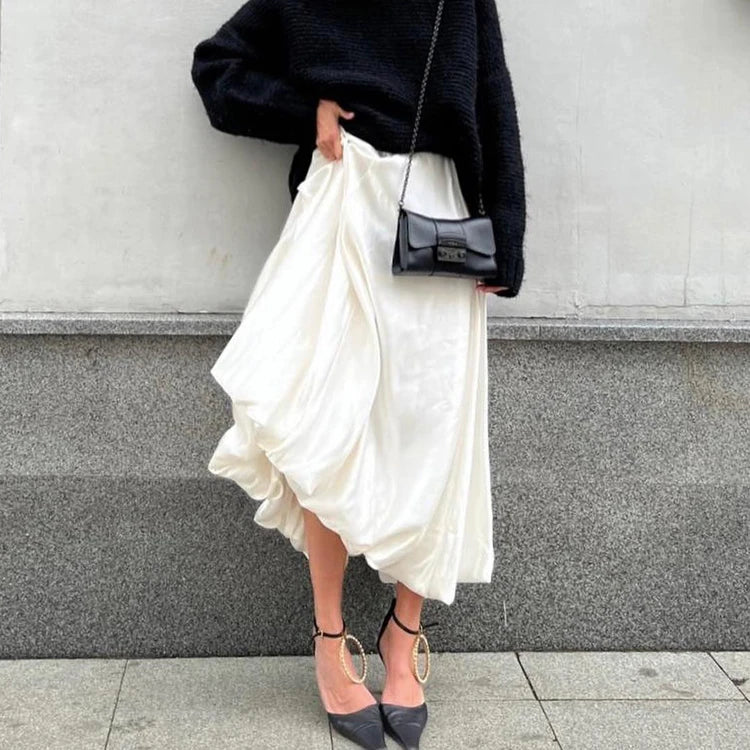 Good Selling Solid Color Back-Zip High Waist Casual Fashion Puff Ball Balloon Bubble Skirt Satin Women's Skirts Long