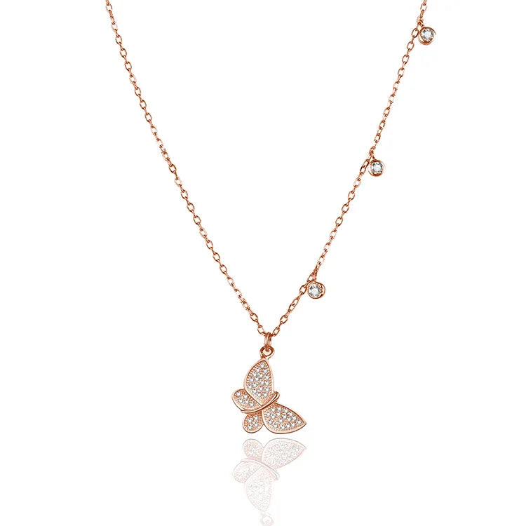 925 Sterling Silver Beautiful Rose Gold Butterfly Necklace Aaa Cubic Zirconia Diamond Perfect Birthday Gift Necklaces Chains