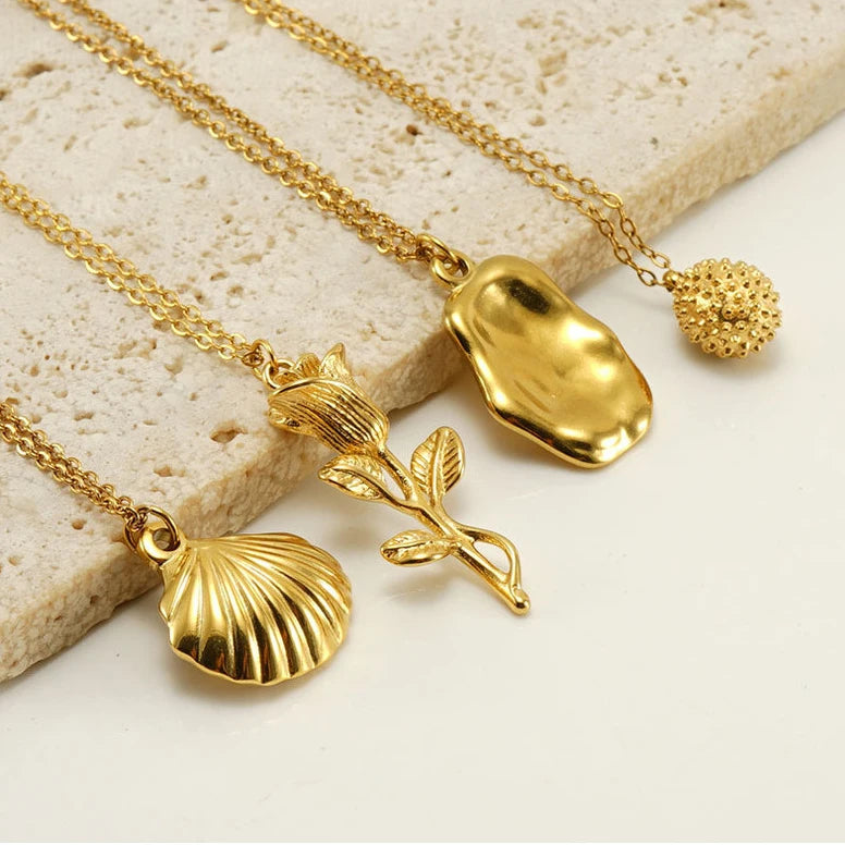 Trendy 18K Gold Plated Irregularity Stainless Steel Rose Flower Shell Fruit Pendant Choker Necklace for Women