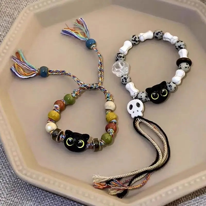 YL Skull Cat Lampwork Glass Woven Animal Bracelet Unisex Niche Design Sense Sweet Chinese Style Tassel Color Jewelry Gift